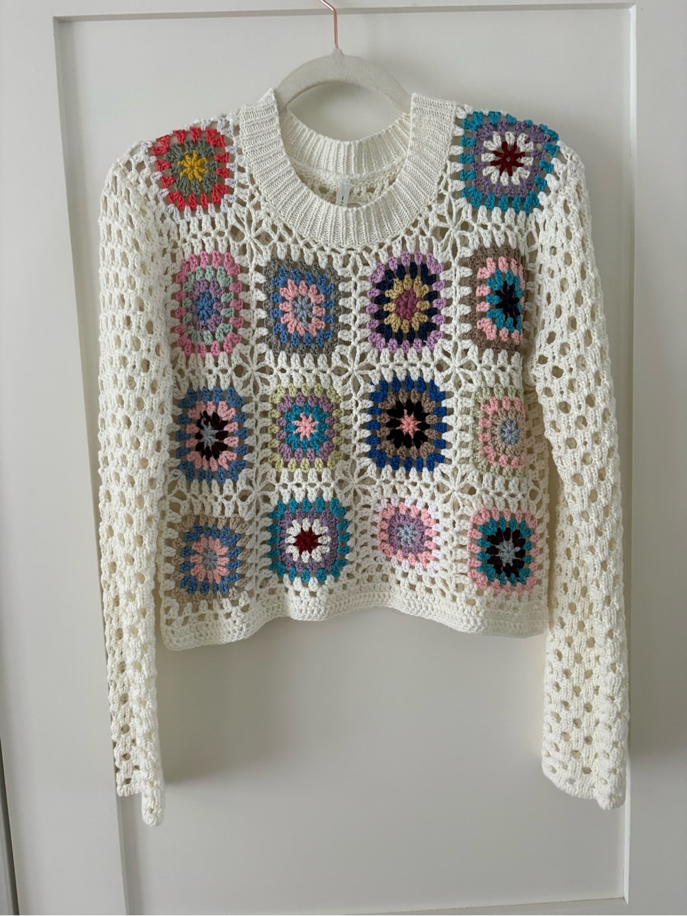 Crochet open knit Granny Square Sweater multicolor bohemian festival crop Large